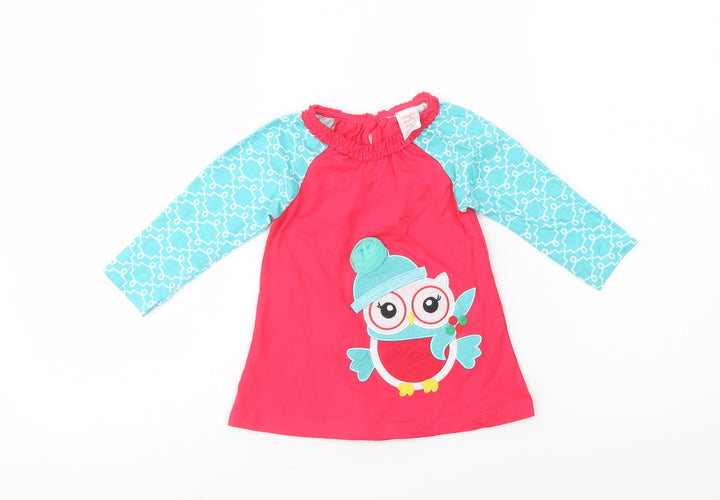 Ollie's Place Baby Pink Geometric Cotton Pullover T-Shirt Size 6-9 Months Crew Neck Button - Cute Owl