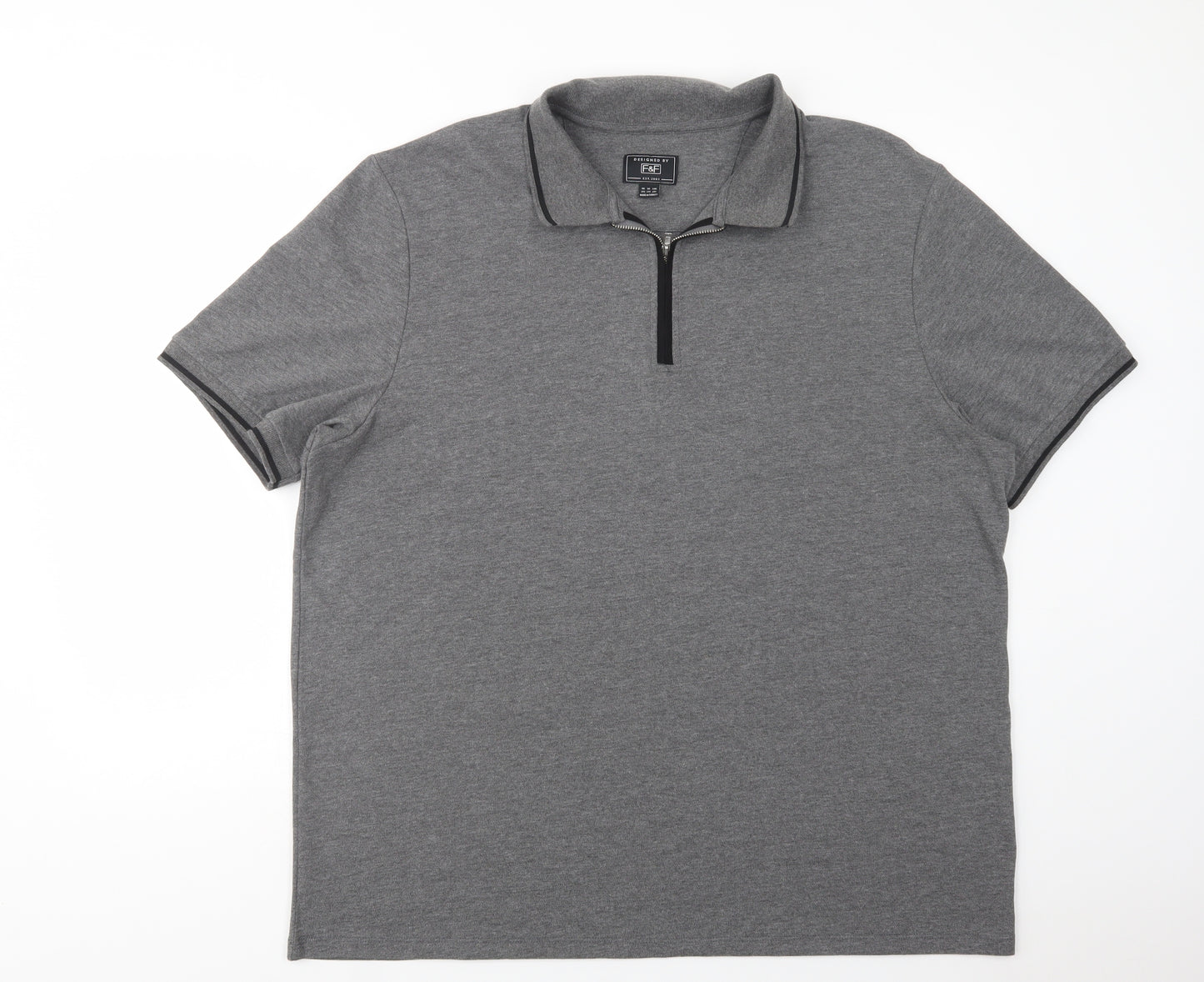 F&F Mens Grey  Cotton  Polo Size 2XL Collared Zip