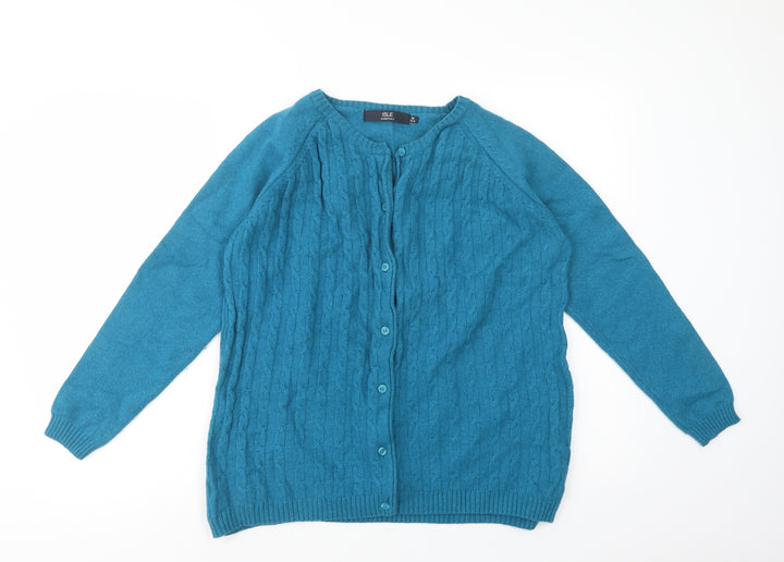 Isle Womens Blue Crew Neck Nylon Cardigan Jumper Size M