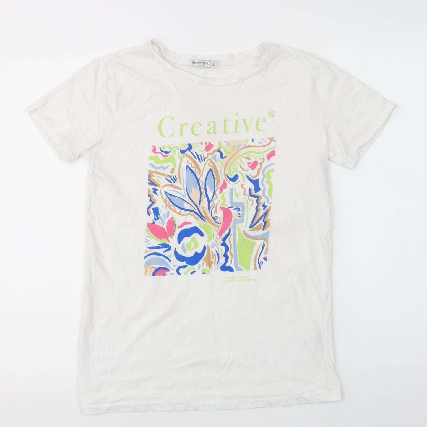 Stradivarius Womens White  Cotton Basic T-Shirt Size S Crew Neck - Creative