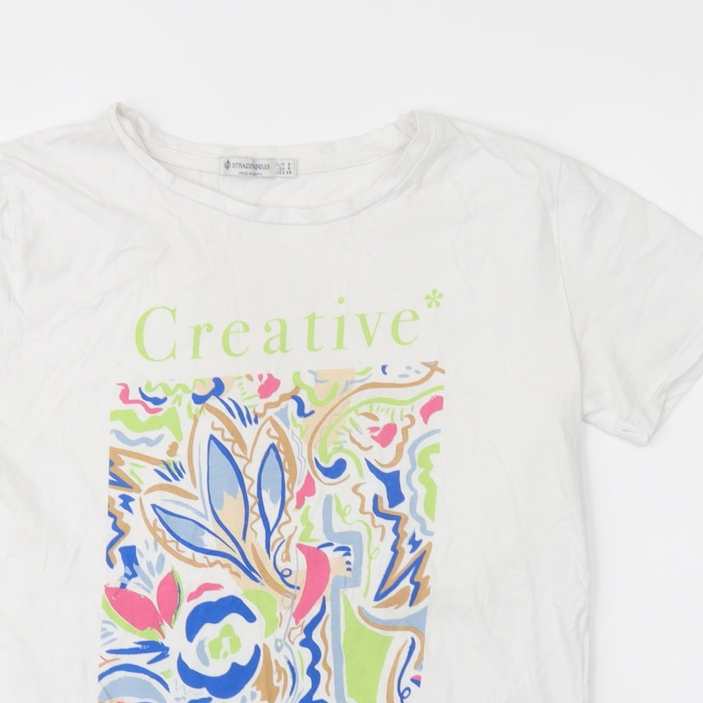 Stradivarius Womens White  Cotton Basic T-Shirt Size S Crew Neck - Creative