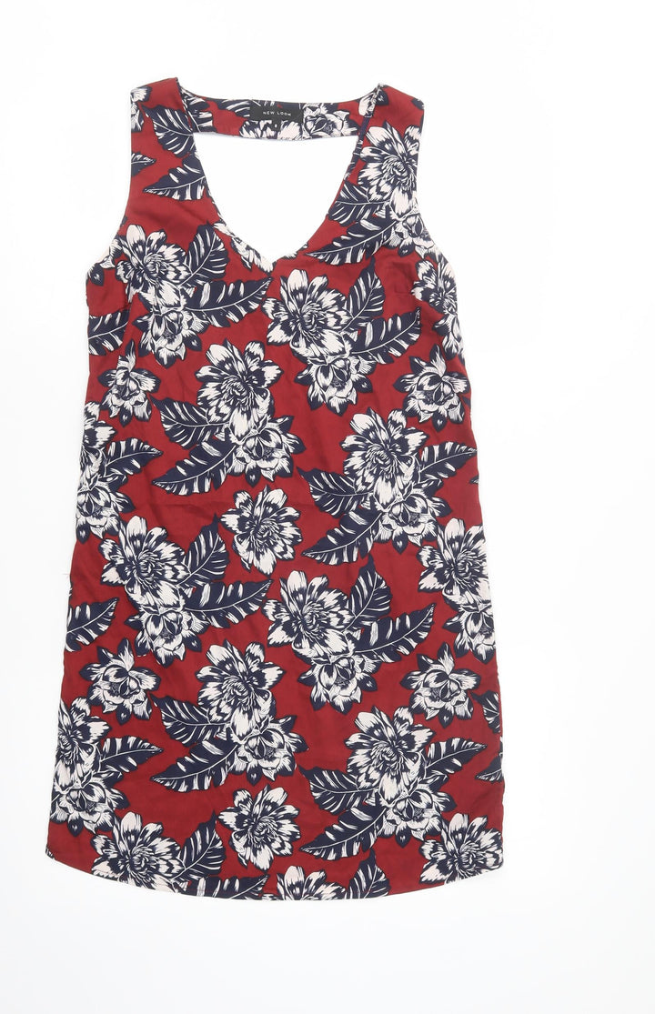 New Look Womens Red Floral Polyester Shift  Size 8  V-Neck Pullover