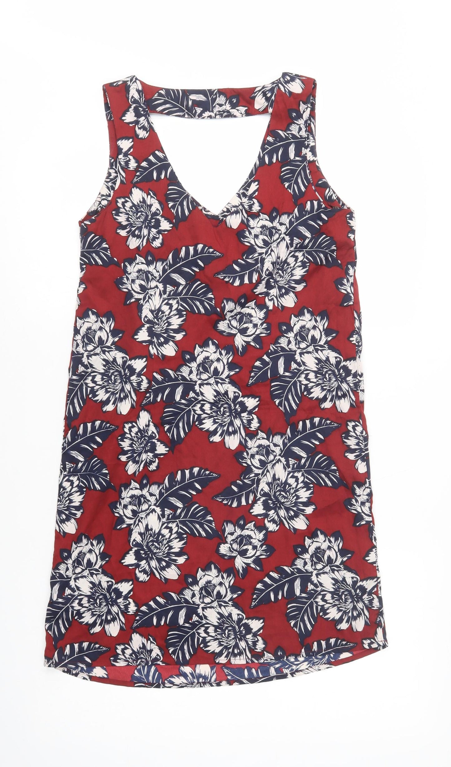 New Look Womens Red Floral Polyester Shift  Size 8  V-Neck Pullover