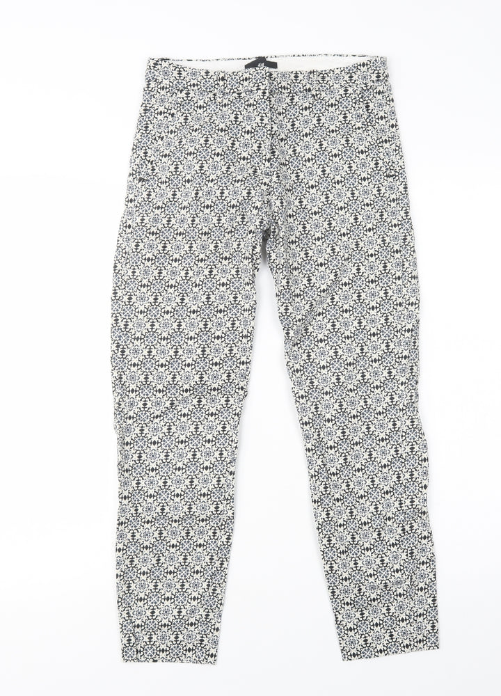 H&M Womens Blue Geometric Cotton Trousers  Size 6 L26 in Regular Button