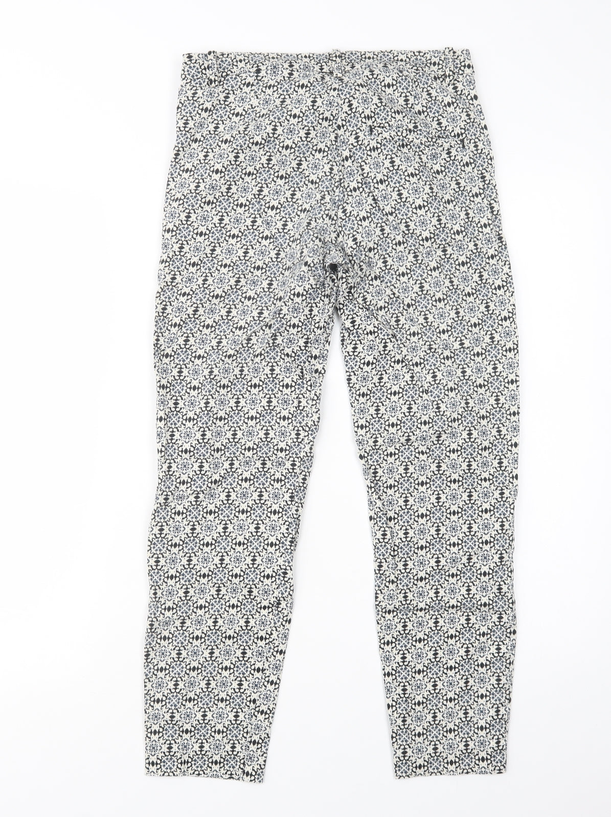 H&M Womens Blue Geometric Cotton Trousers  Size 6 L26 in Regular Button