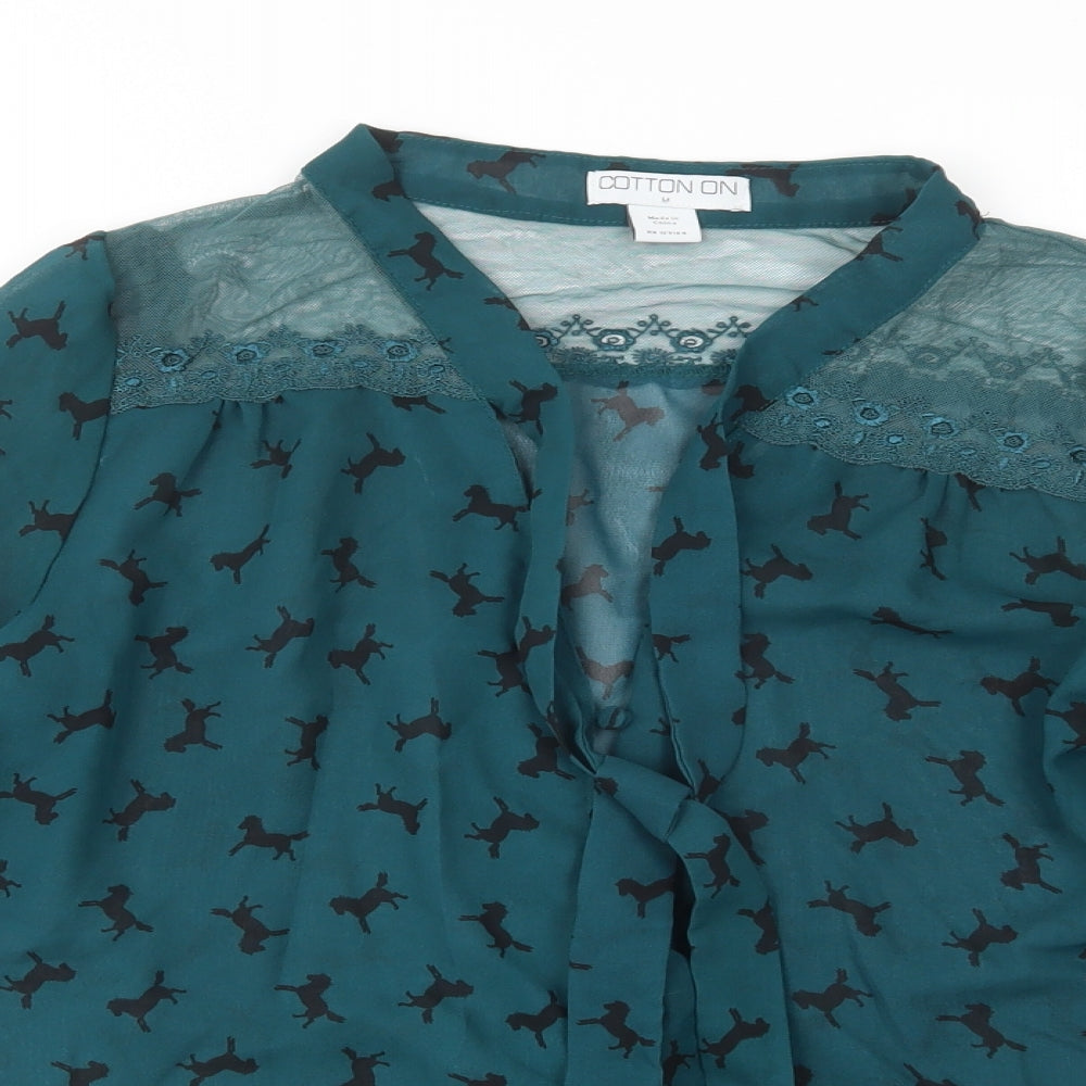 Cotton On Womens Green Geometric Polyester Basic Button-Up Size M V-Neck - Horse Print