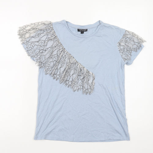 Topshop Womens Blue  Cotton Basic Blouse Size 8 Crew Neck - Lace Detail