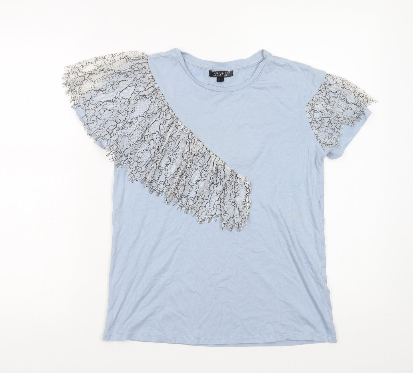 Topshop Womens Blue  Cotton Basic Blouse Size 8 Crew Neck - Lace Detail
