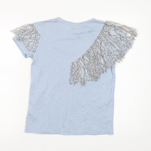 Topshop Womens Blue  Cotton Basic Blouse Size 8 Crew Neck - Lace Detail
