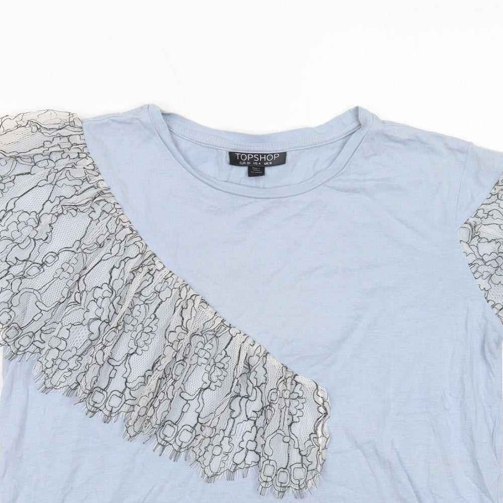 Topshop Womens Blue  Cotton Basic Blouse Size 8 Crew Neck - Lace Detail