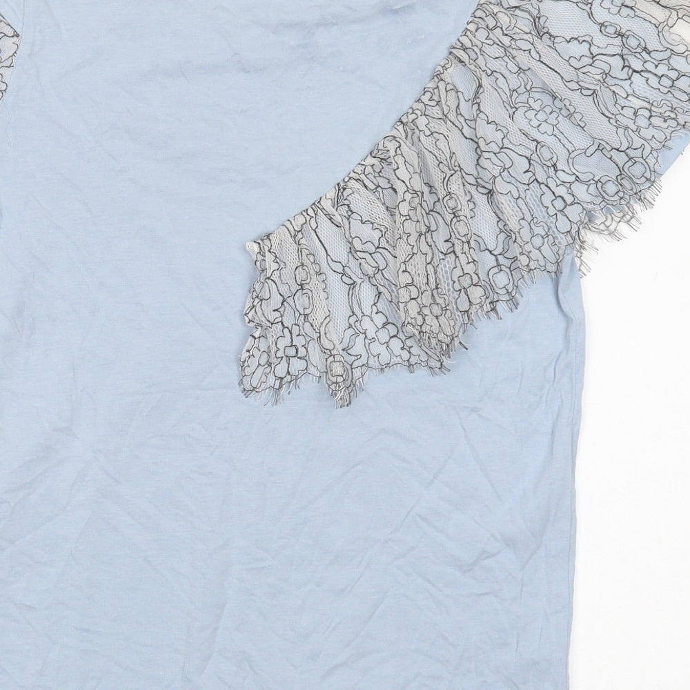 Topshop Womens Blue  Cotton Basic Blouse Size 8 Crew Neck - Lace Detail