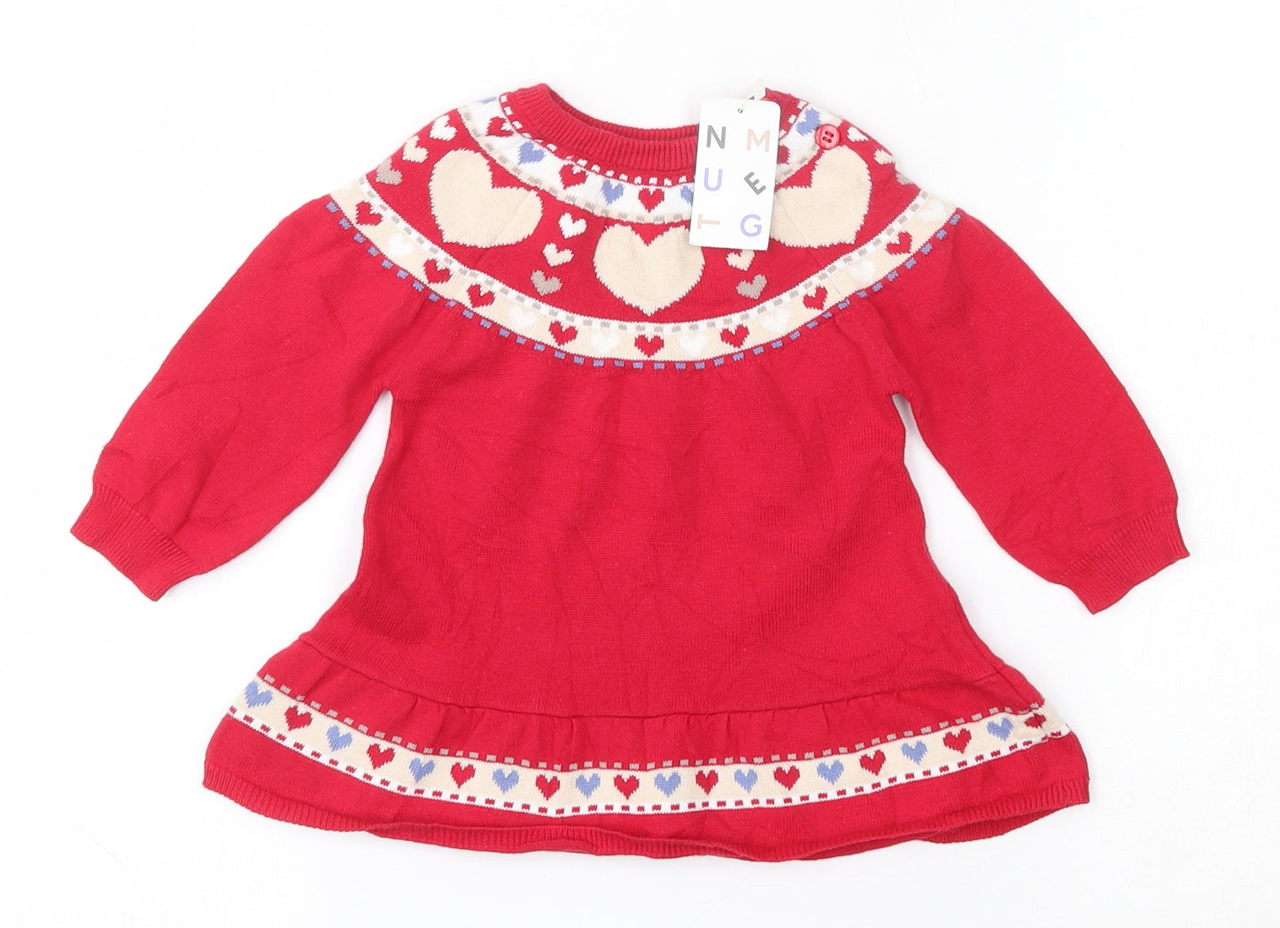 Nutmeg Girls Red Geometric 100% Cotton Pullover Jumper Size 3-6 Months  Button