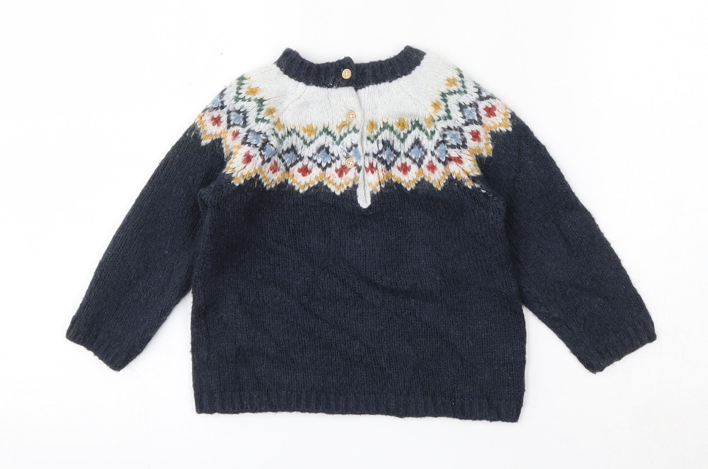 Bout'chou Boys Blue Round Neck Argyle/Diamond Acrylic Pullover Jumper Size 3 Years  Button