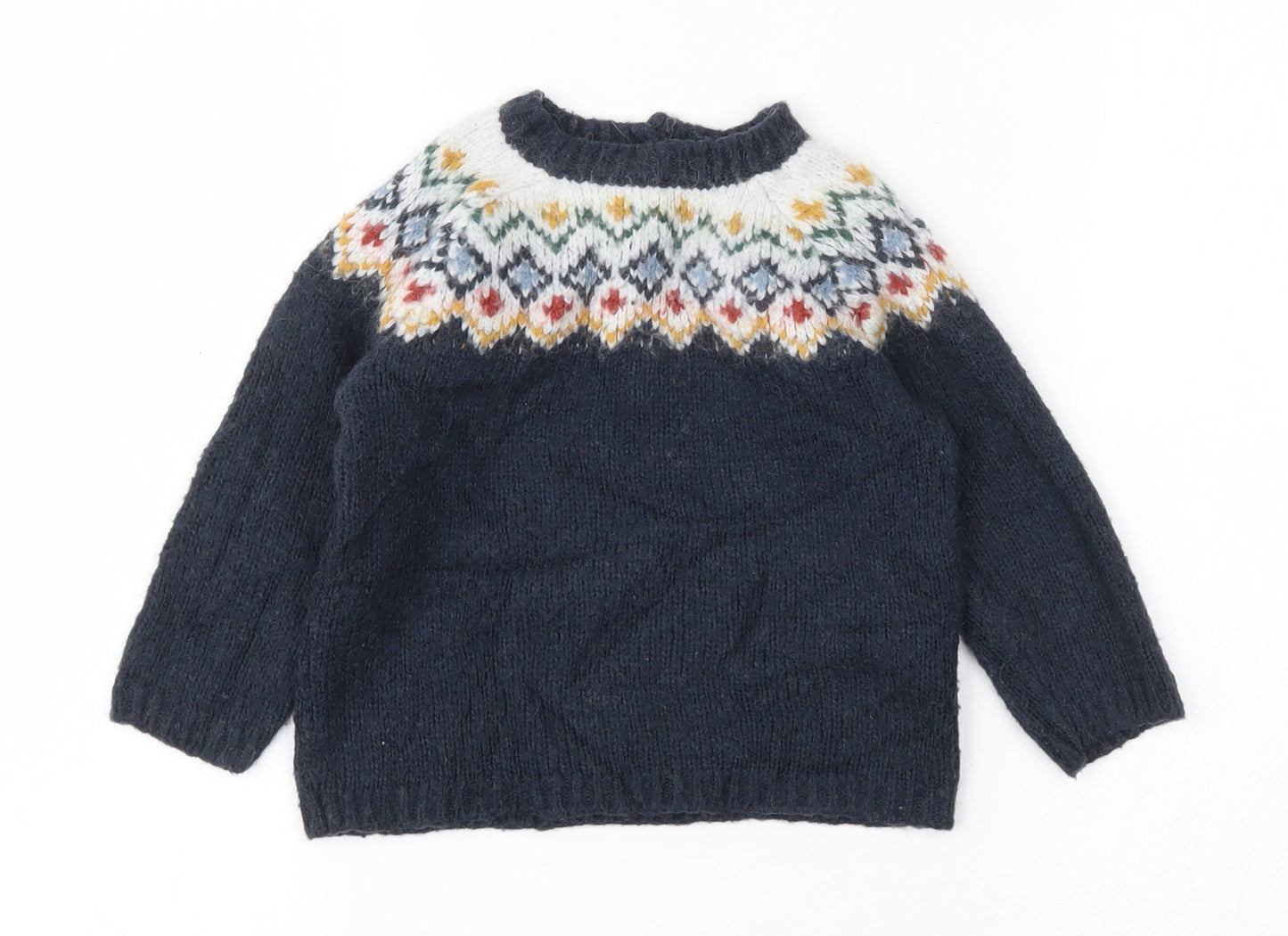 Bout'chou Boys Blue Round Neck Argyle/Diamond Acrylic Pullover Jumper Size 3 Years  Button