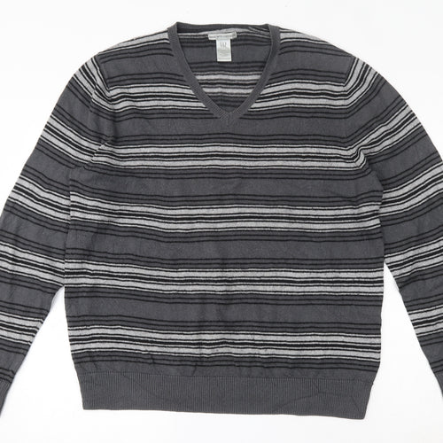 Gap Mens Grey V-Neck Striped Cotton Pullover Jumper Size L
