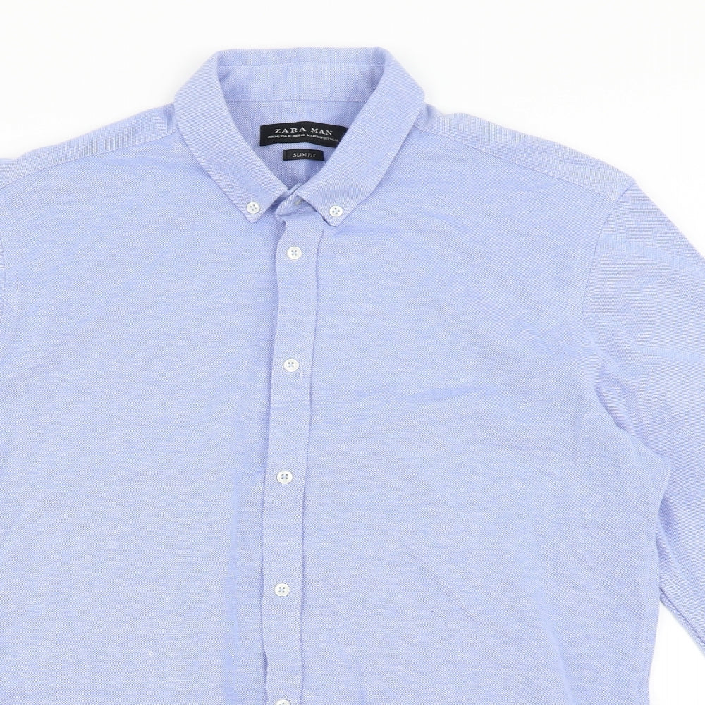 Zara Mens Blue  Cotton  Button-Up Size M Collared Button