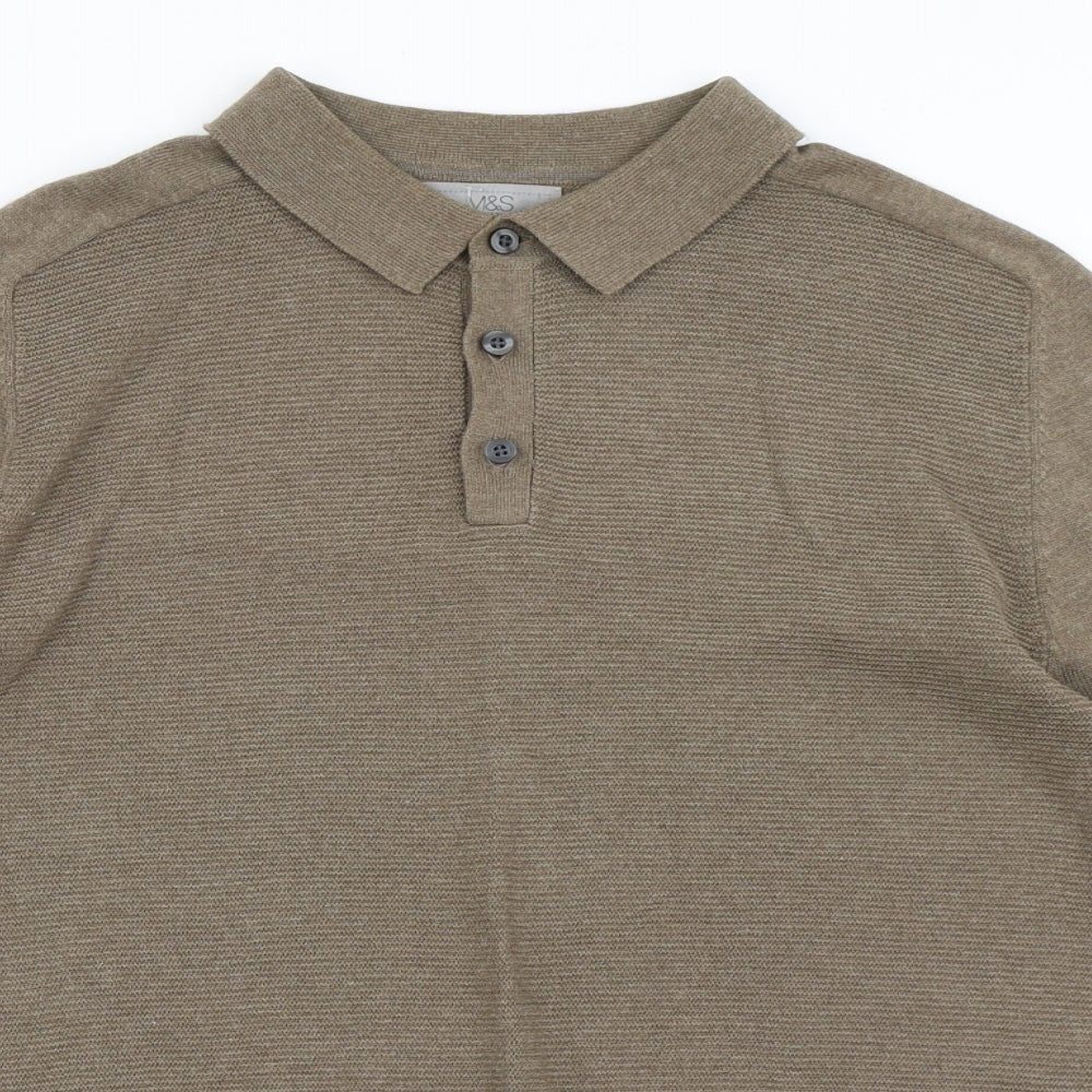 Marks and Spencer Mens Brown  Cotton  Polo Size S Collared Button