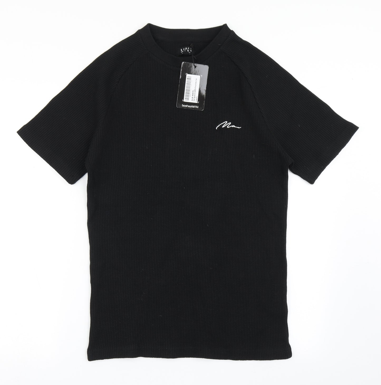 Boohoo Mens Black  Cotton  T-Shirt Size L Round Neck  - Waffle Design