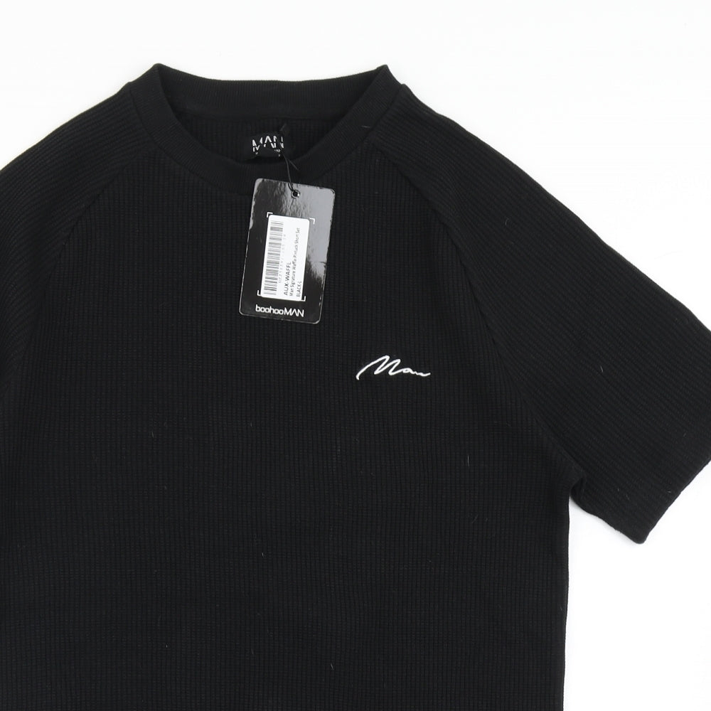Boohoo Mens Black  Cotton  T-Shirt Size L Round Neck  - Waffle Design