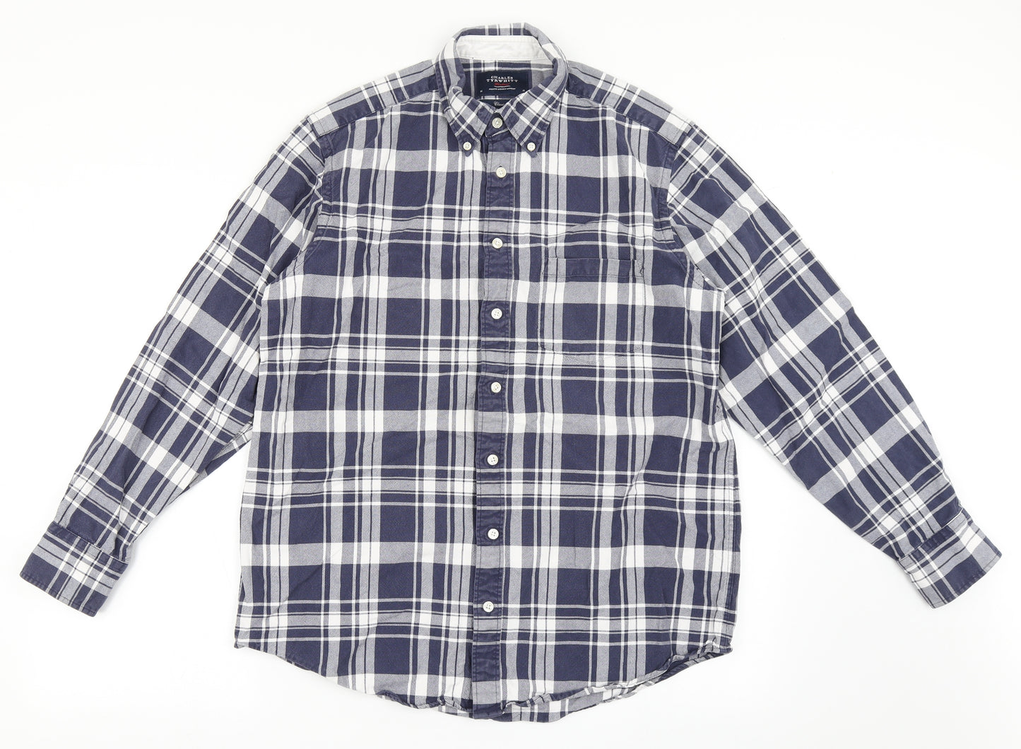 Charles Tyrwhitt Mens Blue Check Polyester  Button-Up Size M Collared Button