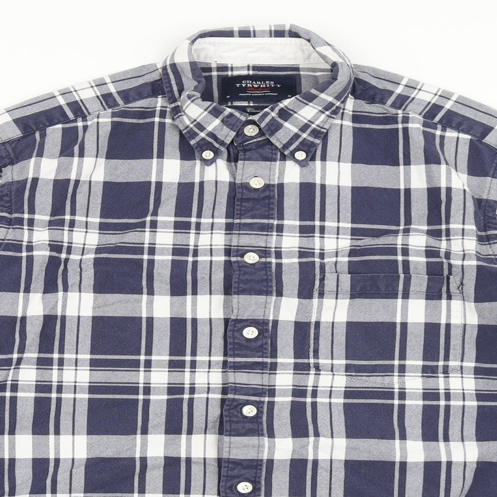 Charles Tyrwhitt Mens Blue Check Polyester  Button-Up Size M Collared Button