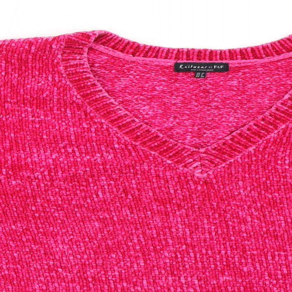 F&F Womens Pink V-Neck  Polyester Pullover Jumper Size 12   - Chenille