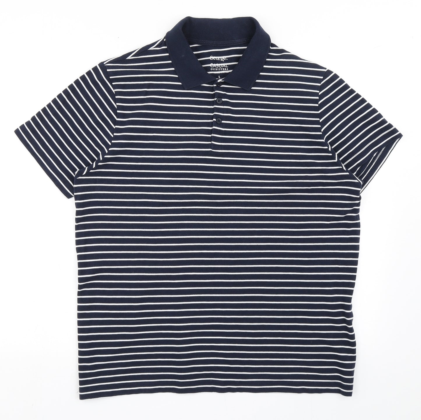 George Mens Blue Striped 100% Cotton  Polo Size L Collared Pullover