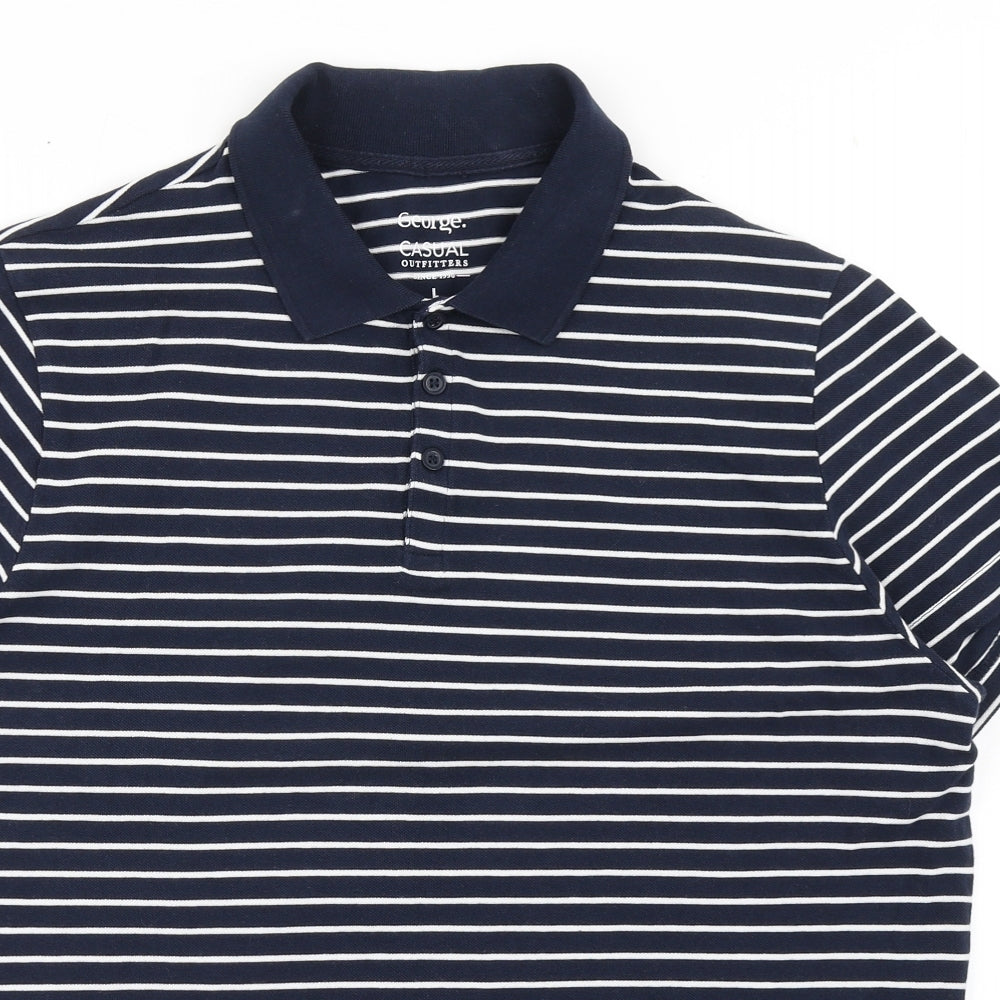 George Mens Blue Striped 100% Cotton  Polo Size L Collared Pullover