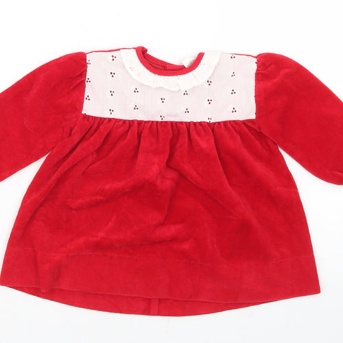 Preworn Girls Red  Triacetate Tunic Blouse Size 9-12 Months Round Neck Button - Lace trim
