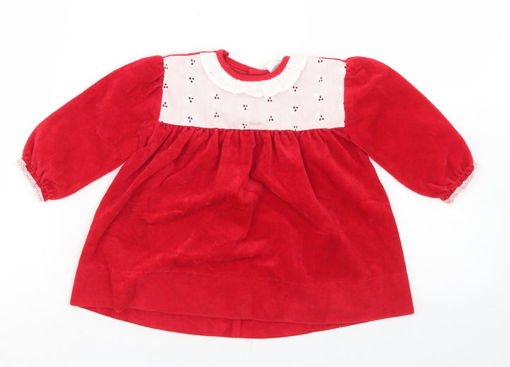 Preworn Girls Red  Triacetate Tunic Blouse Size 9-12 Months Round Neck Button - Lace trim