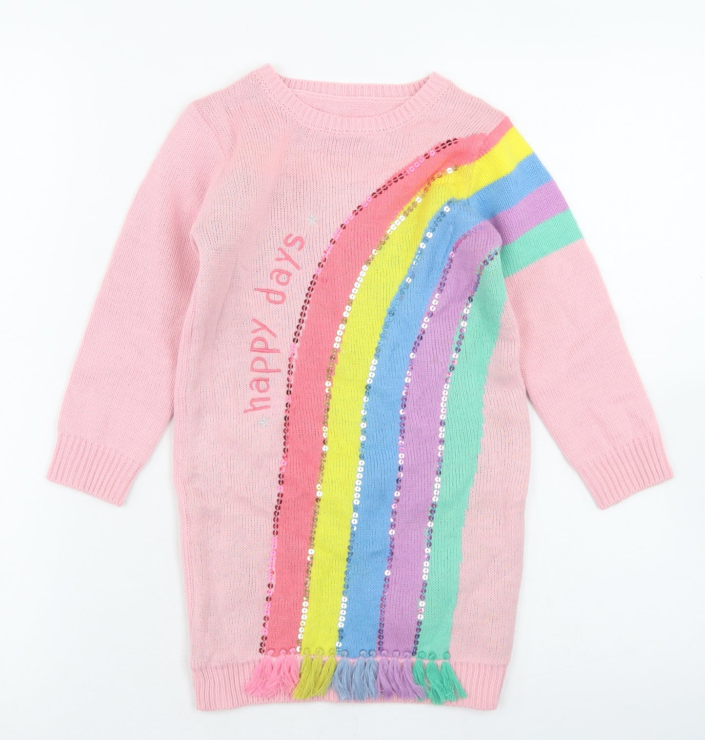 George Girls Pink  Acrylic Jumper Dress  Size 3-4 Years  Crew Neck  - Rainbow