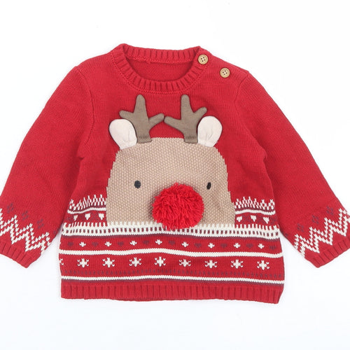 Preworn Girls Red Fair Isle Acrylic Pullover Jumper Size 3-6 Months  Button - Reindeer Christmas