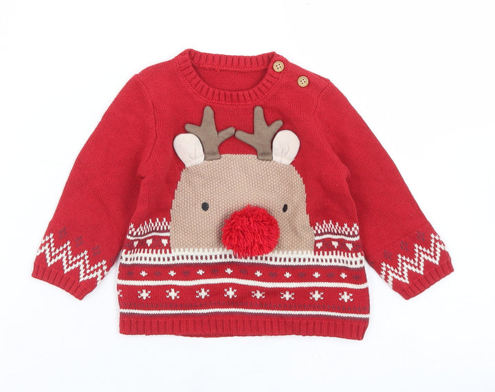 Preworn Girls Red Fair Isle Acrylic Pullover Jumper Size 3-6 Months  Button - Reindeer Christmas