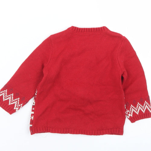 Preworn Girls Red Fair Isle Acrylic Pullover Jumper Size 3-6 Months  Button - Reindeer Christmas