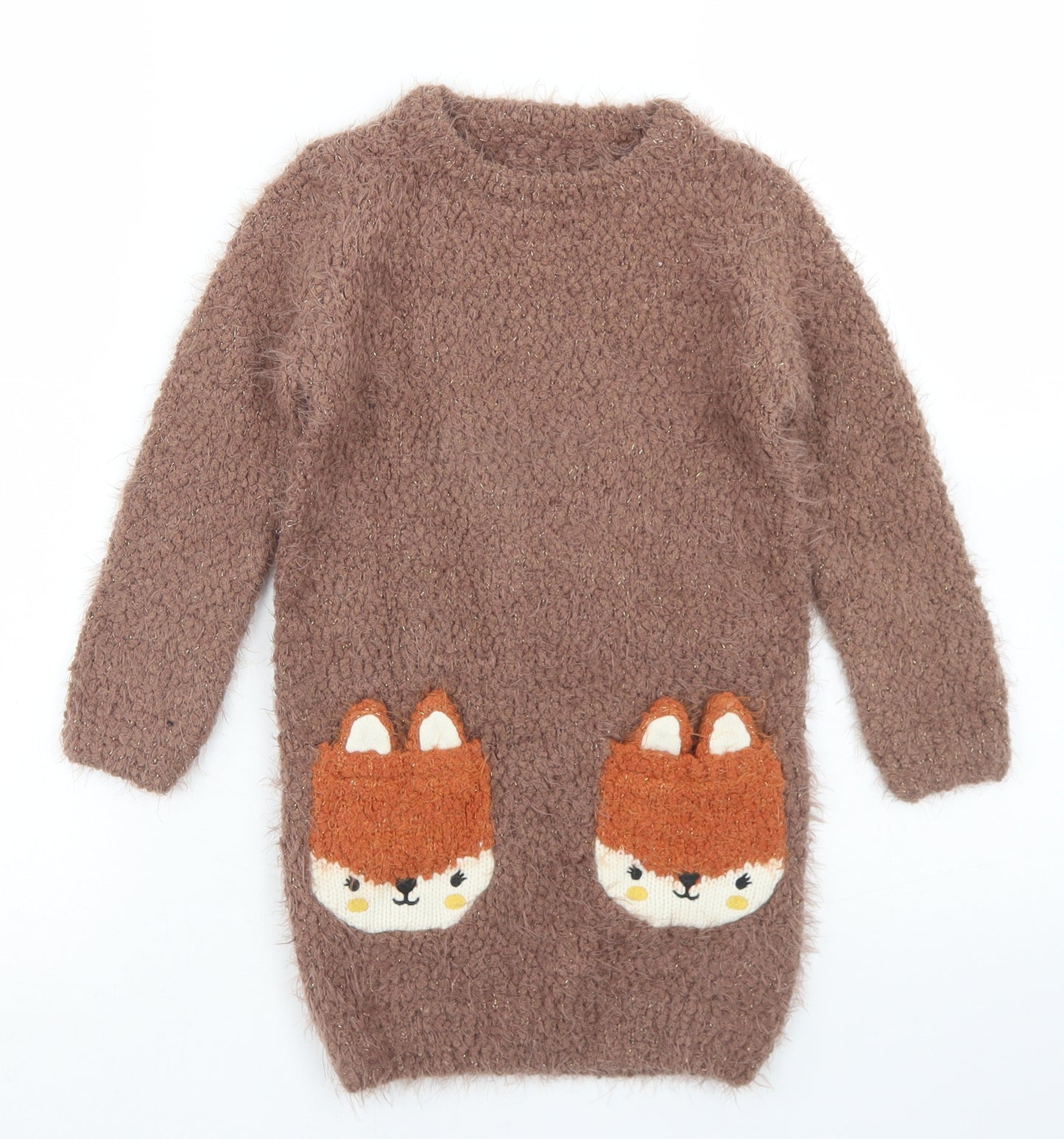 George Girls Brown  Polyester Jumper Dress  Size 3-4 Years  Round Neck  - Fox Pockets
