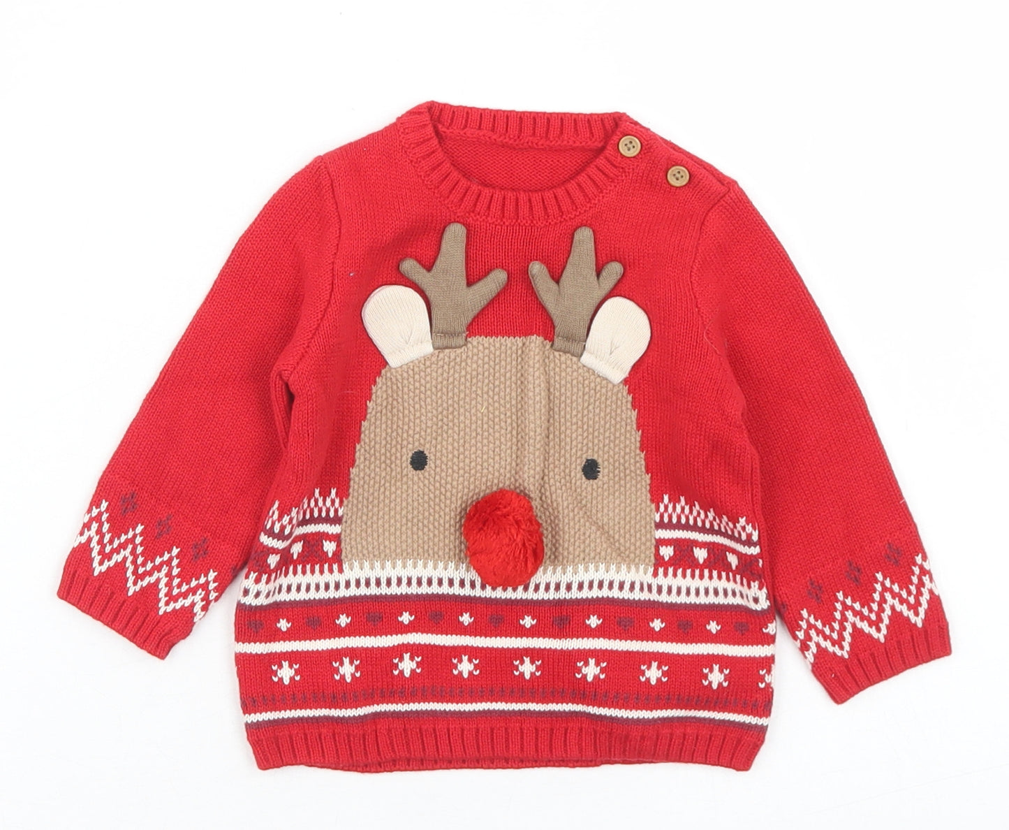 NEXT Boys Red Fair Isle Cotton Pullover Jumper Size 3-6 Months  Button - Reindeer Christmas