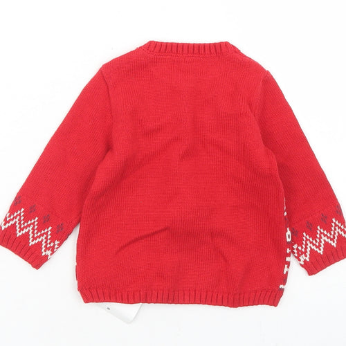 NEXT Boys Red Fair Isle Cotton Pullover Jumper Size 3-6 Months  Button - Reindeer Christmas