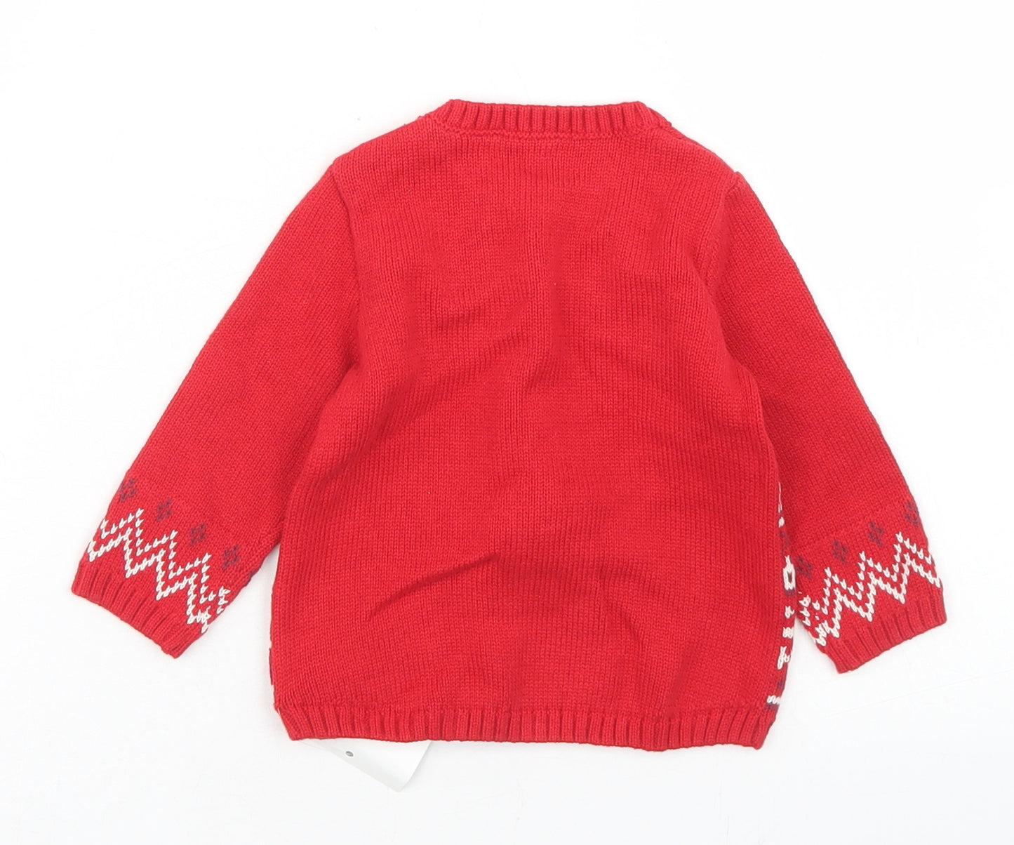 NEXT Boys Red Fair Isle Cotton Pullover Jumper Size 3-6 Months  Button - Reindeer Christmas
