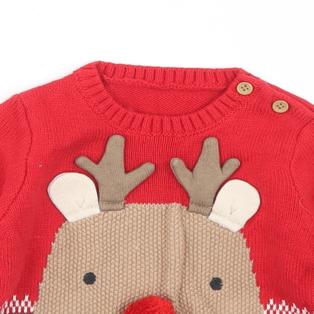 NEXT Boys Red Fair Isle Cotton Pullover Jumper Size 3-6 Months  Button - Reindeer Christmas