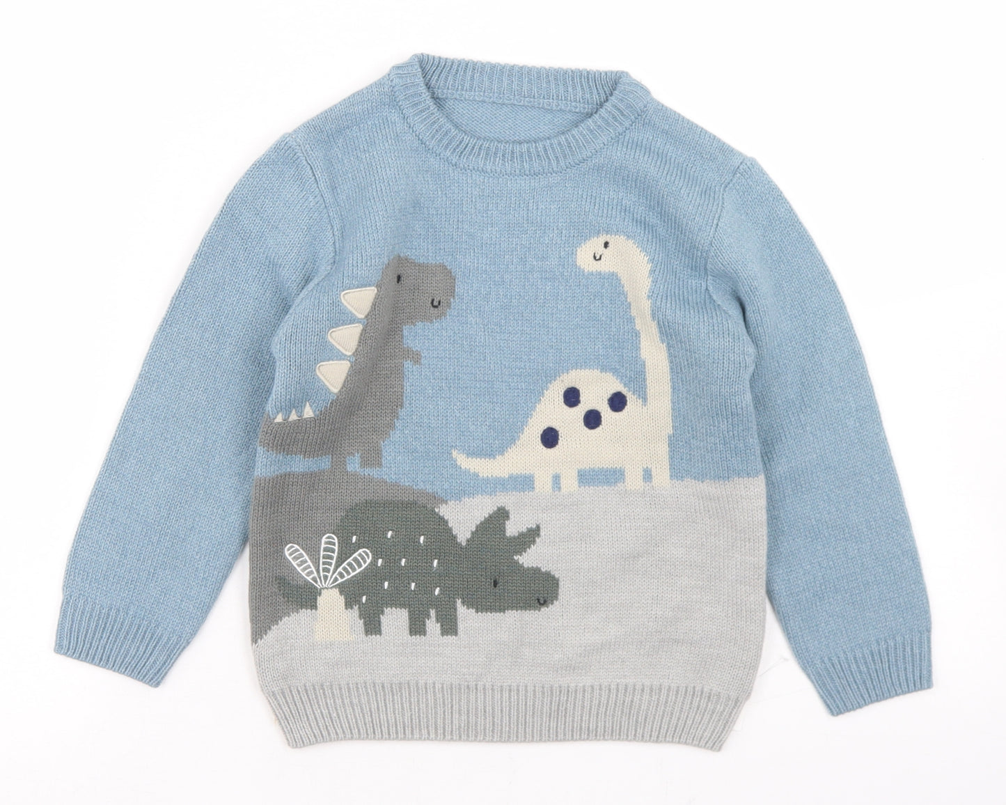 George Boys Blue Crew Neck  Acrylic Pullover Jumper Size 3-4 Years   - Dinosaurs
