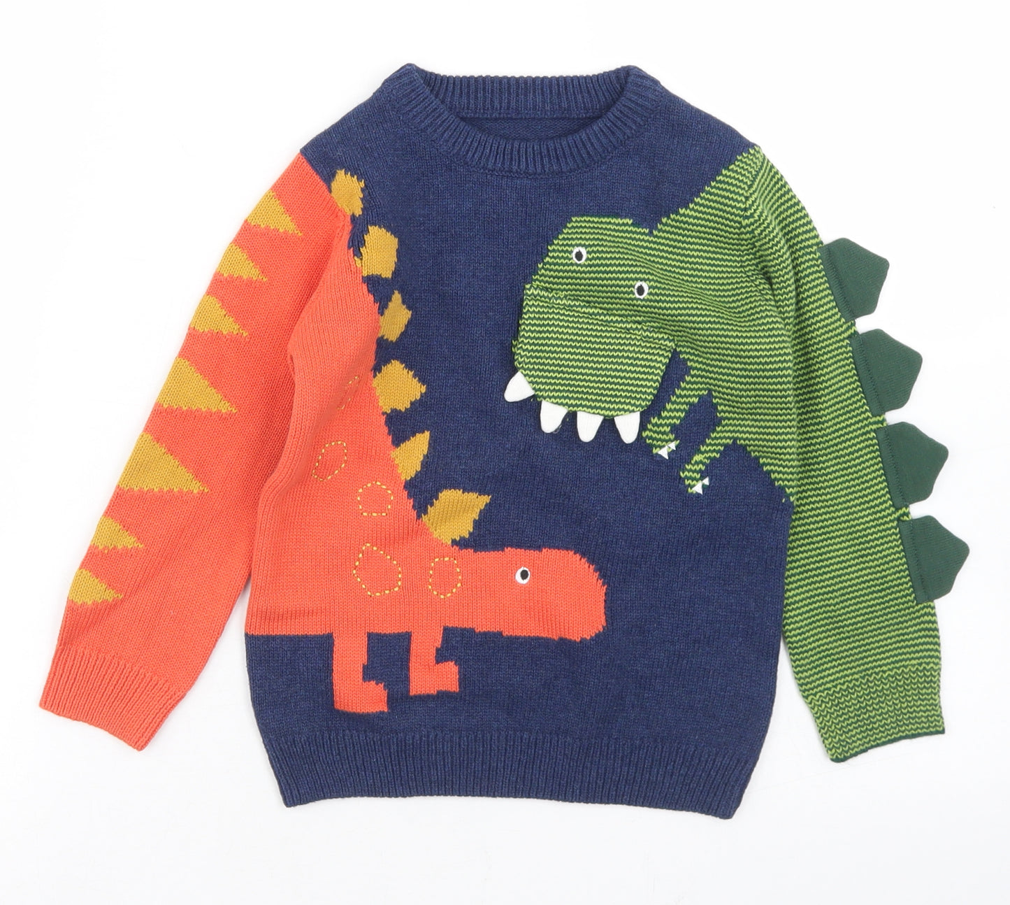 Nutmeg Boys Blue Crew Neck Colourblock Cotton Pullover Jumper Size 3-4 Years   - Dinosaurs
