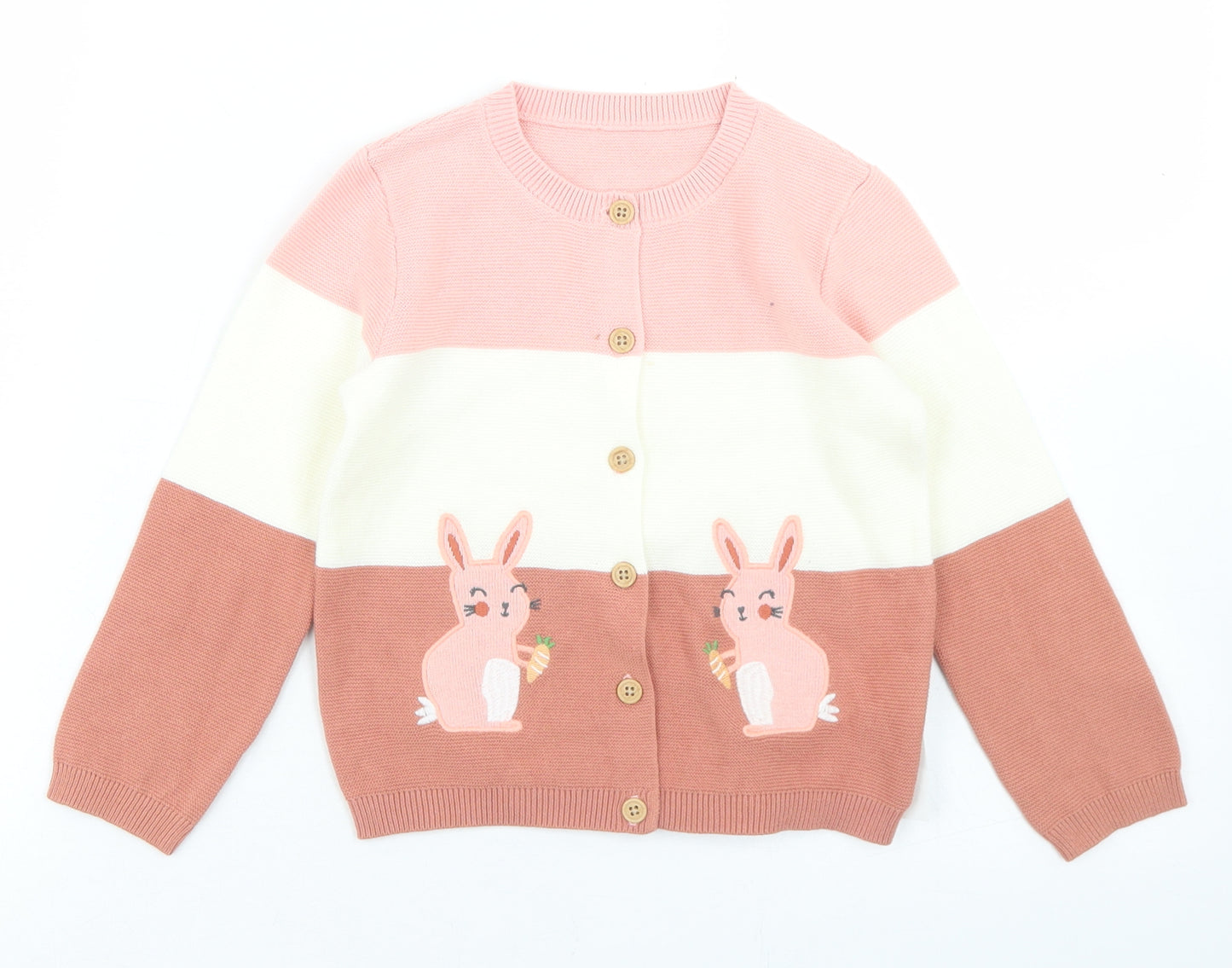 George Girls Pink Crew Neck Striped Cotton Cardigan Jumper Size 3-4 Years  Button - Rabbits