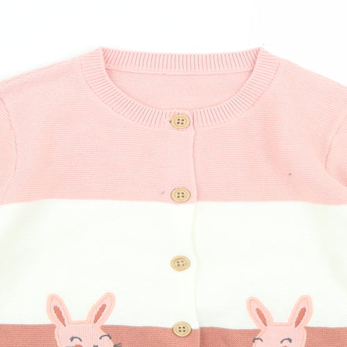 George Girls Pink Crew Neck Striped Cotton Cardigan Jumper Size 3-4 Years  Button - Rabbits