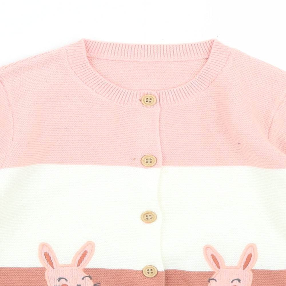 George Girls Pink Crew Neck Striped Cotton Cardigan Jumper Size 3-4 Years  Button - Rabbits