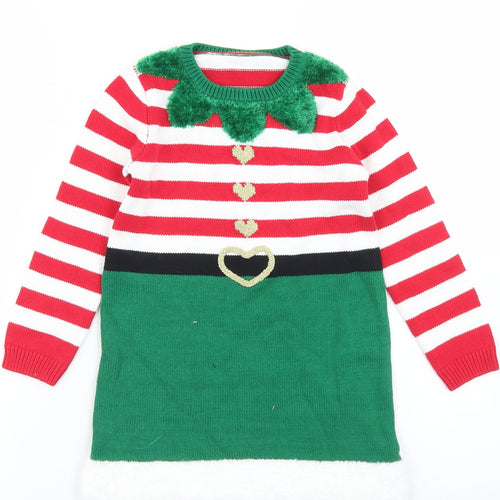 George Girls Green Striped Cotton Fit & Flare  Size 3-4 Years  Crew Neck  - Elf Christmas