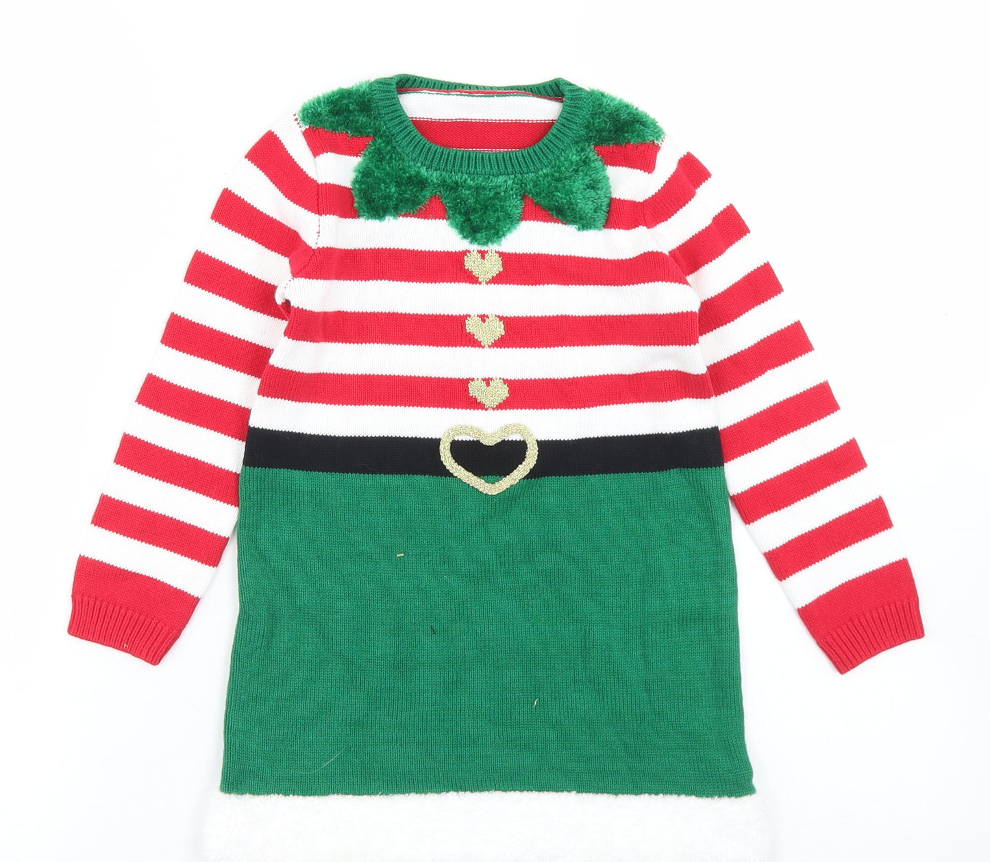 George Girls Green Striped Cotton Fit & Flare  Size 3-4 Years  Crew Neck  - Elf Christmas