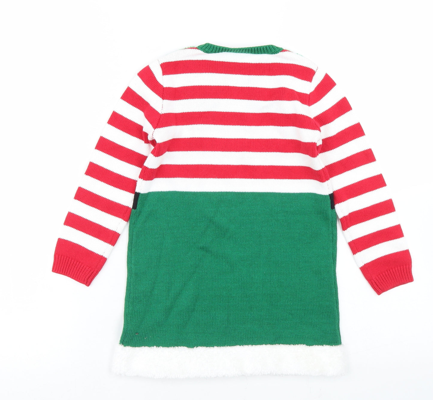 George Girls Green Striped Cotton Fit & Flare  Size 3-4 Years  Crew Neck  - Elf Christmas