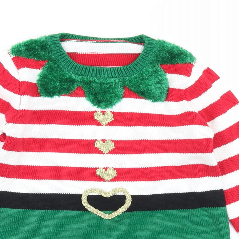 George Girls Green Striped Cotton Fit & Flare  Size 3-4 Years  Crew Neck  - Elf Christmas