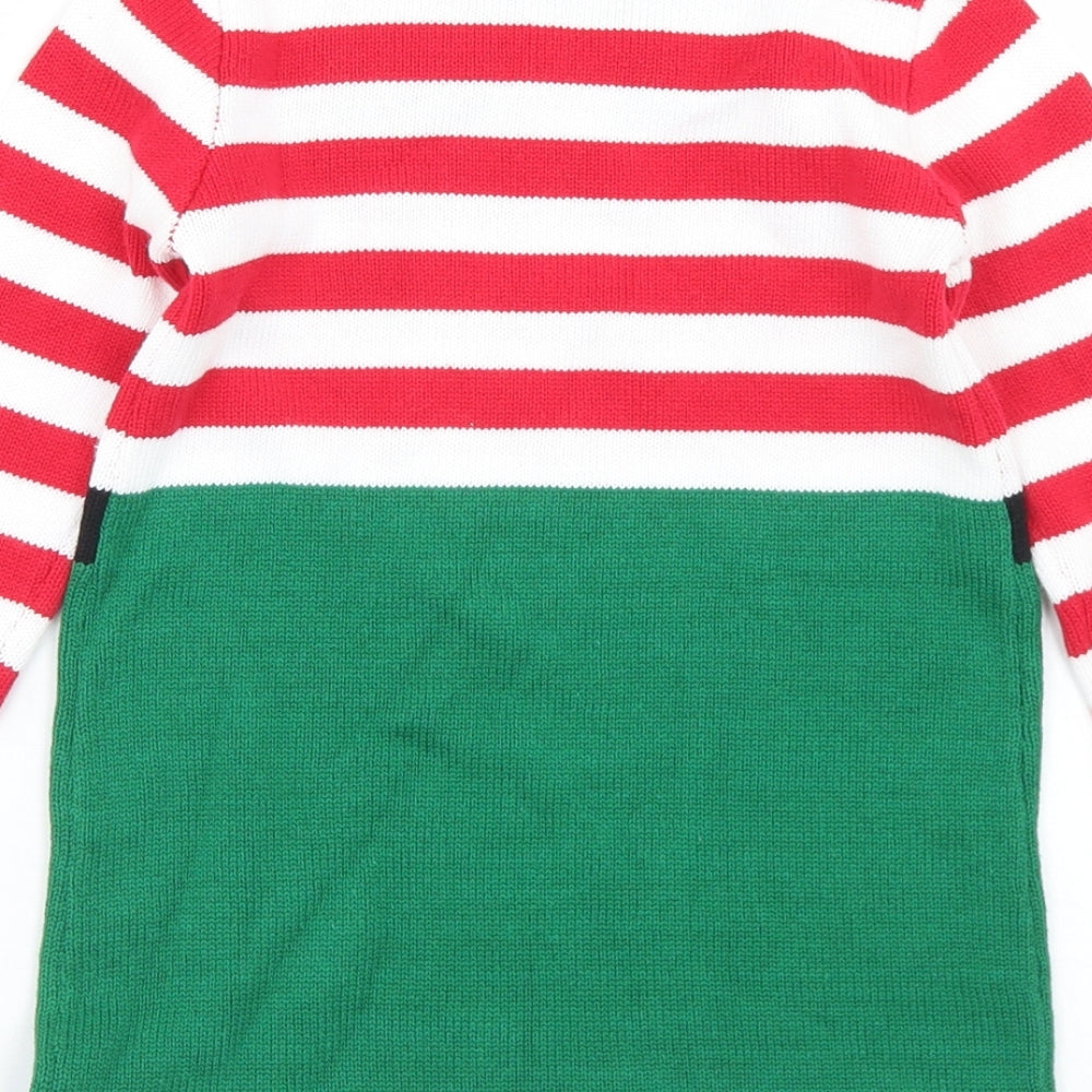 George Girls Green Striped Cotton Fit & Flare  Size 3-4 Years  Crew Neck  - Elf Christmas