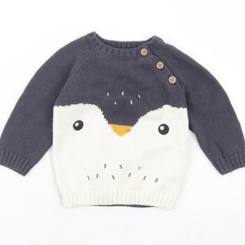 Fred & flo Boys Grey  Cotton Pullover Jumper Size 0-3 Months  Button - Penguin